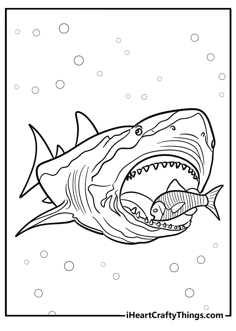 Megalodon hunting scene printable coloring sheet for kids