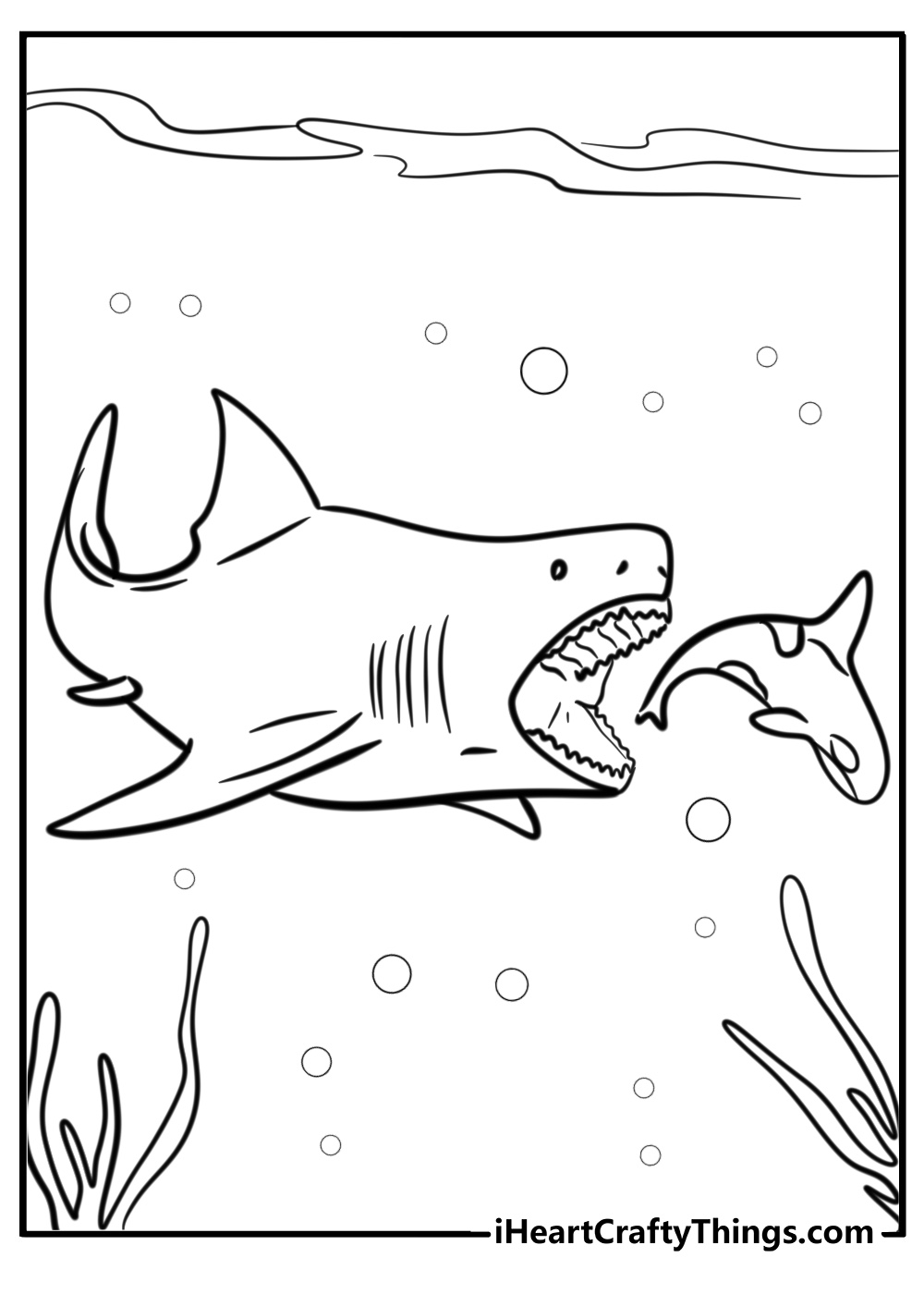 Megalodon hunting smaller fish printable coloring page