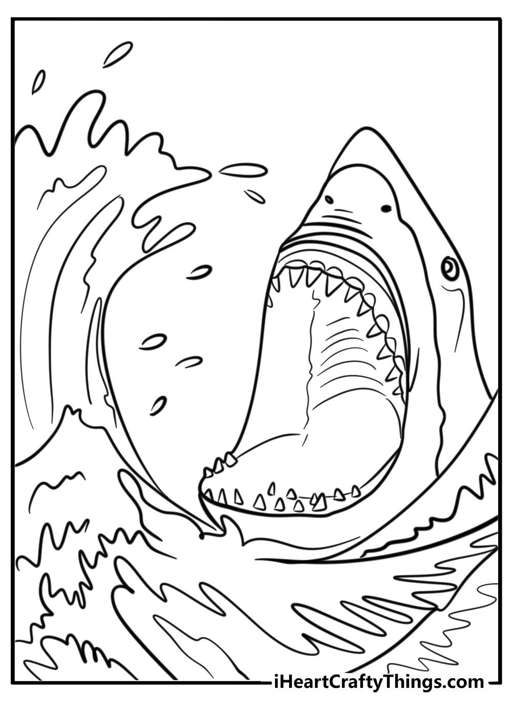 Megalodon in ocean waves detailed coloring sheet for adults