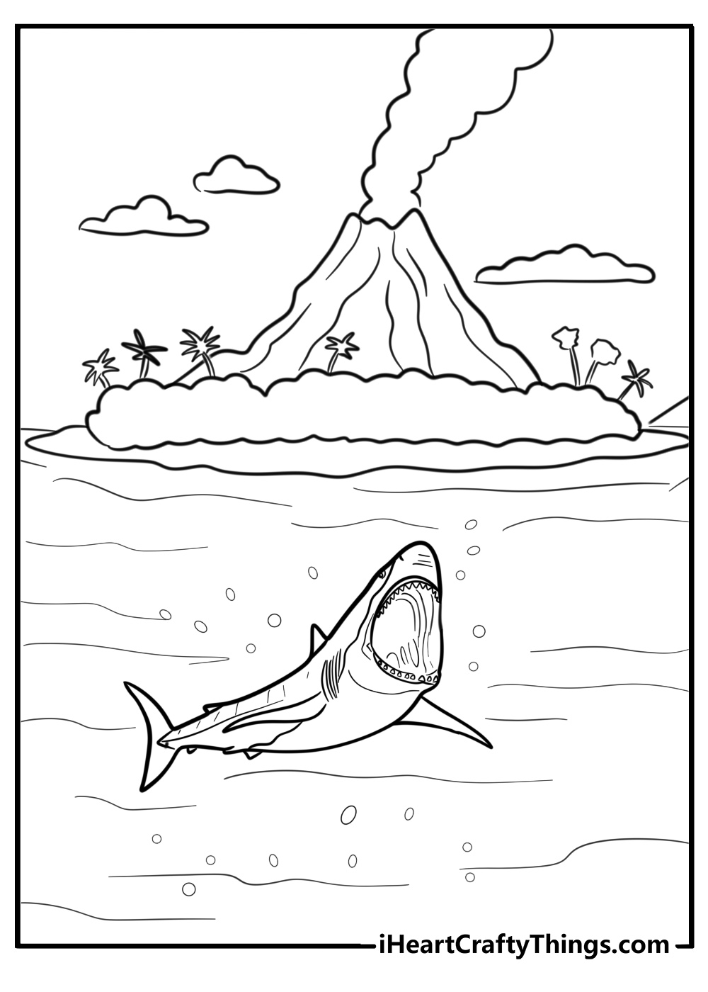 Megalodon next to underwater volcano cartoon coloring sheet