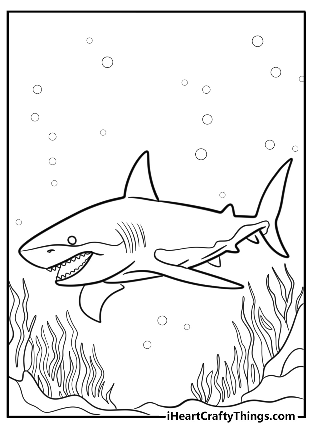 Megalodon swimming in deep sea free printable pdf coloring page