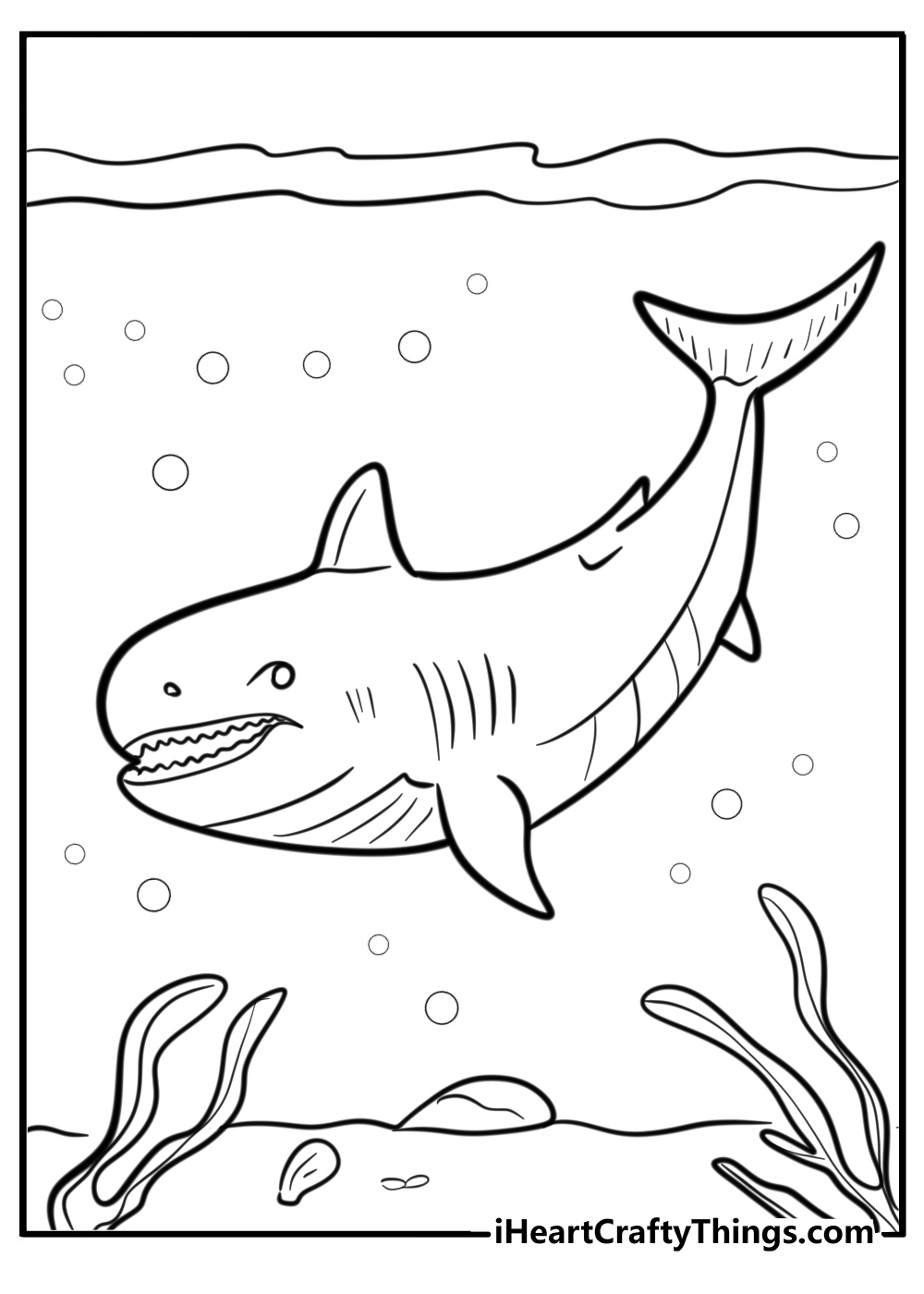 Megalodon swimming in the ocean printable coloring page for kids