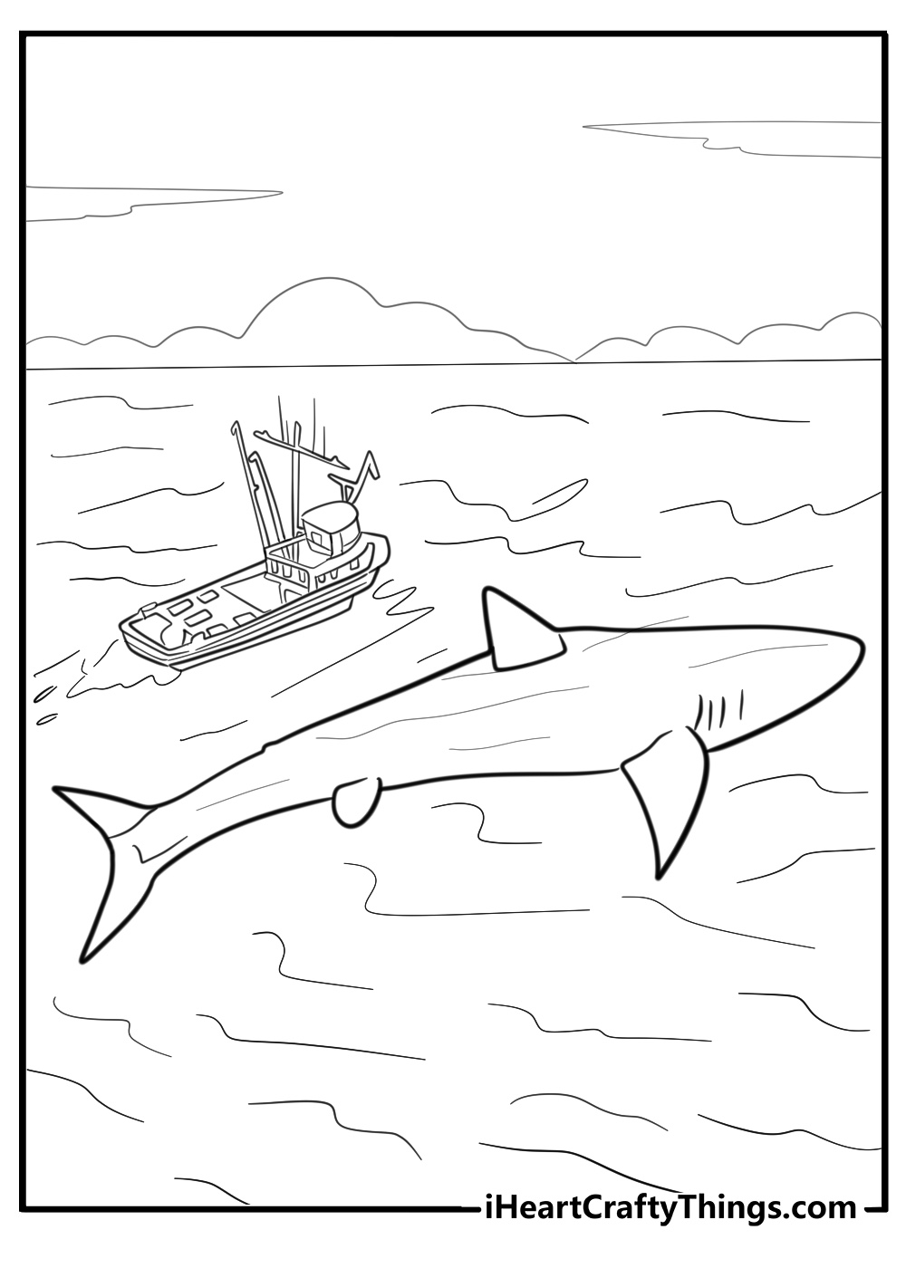 Megalodon swimming near a boat printable coloring sheet