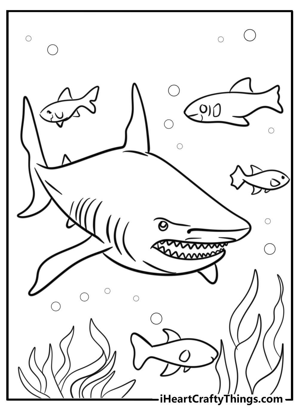 Megalodon swimming with other sea creatures fun coloring sheet