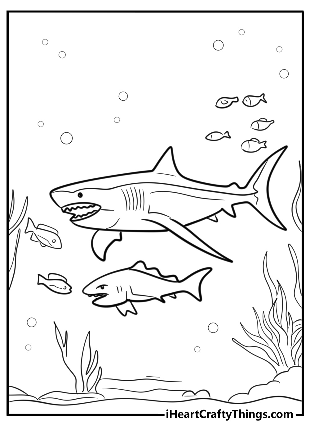 Megalodon underwater with fish printable coloring sheet