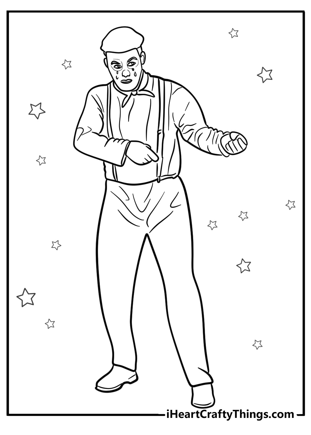 Mime clown performing on stage detailed coloring page