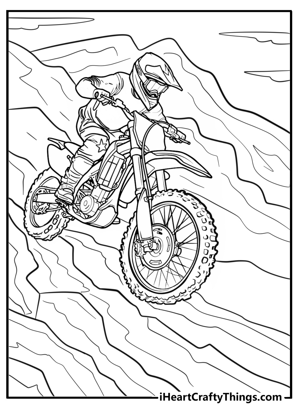 Motocross riders on rocky terrain coloring page