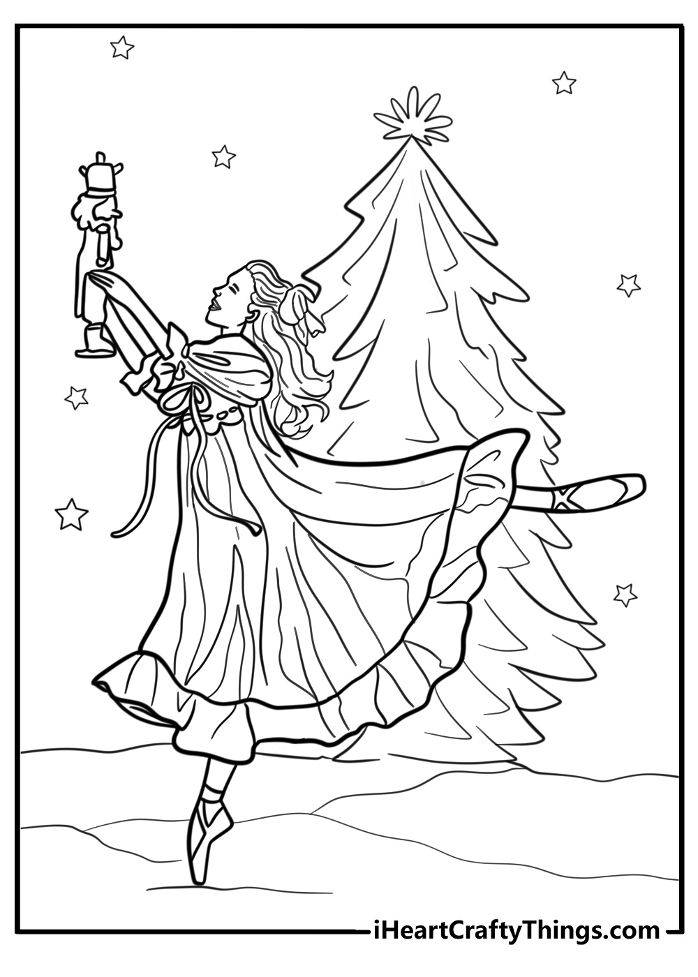 Nutcracker and clara by the christmas tree fun coloring sheet