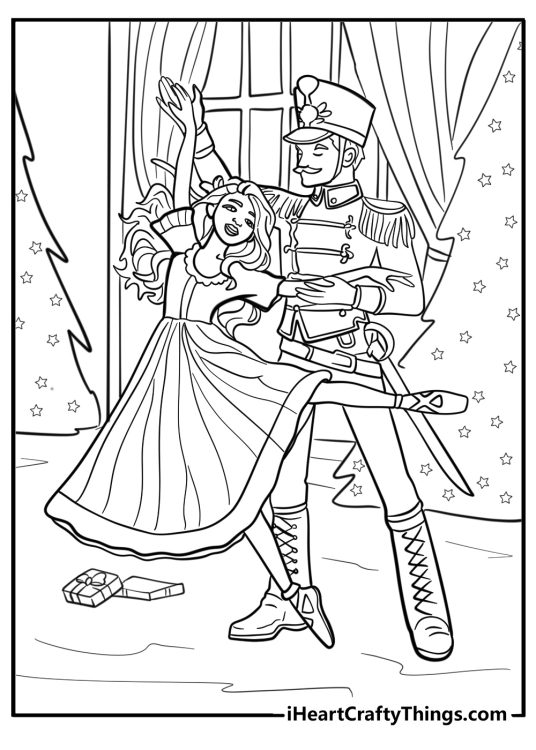 Nutcracker and clara enjoying christmas fun coloring sheet