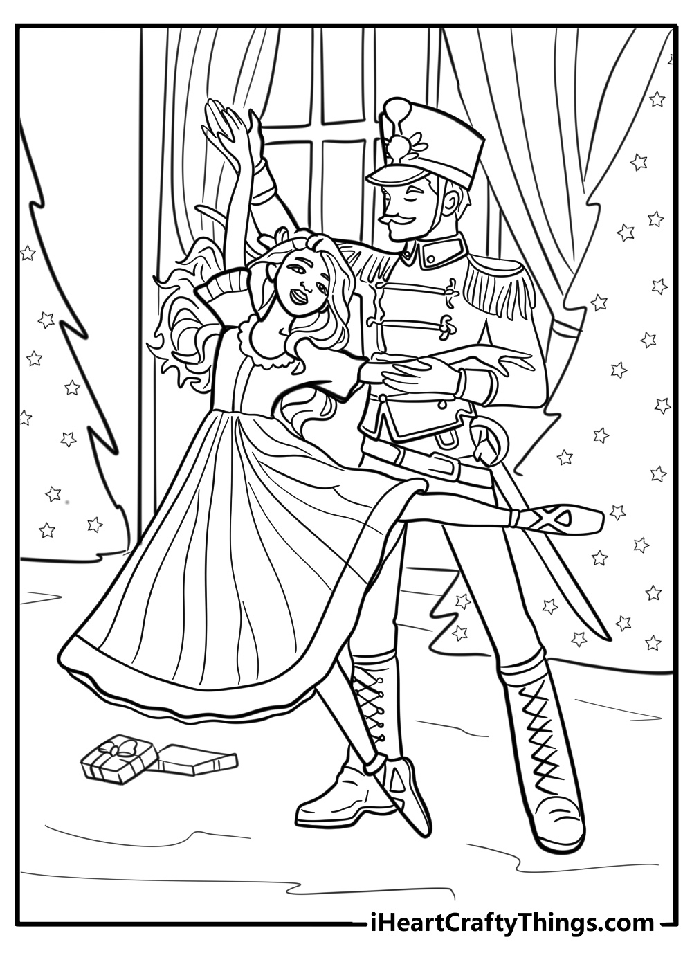 Nutcracker and clara enjoying christmas fun coloring sheet