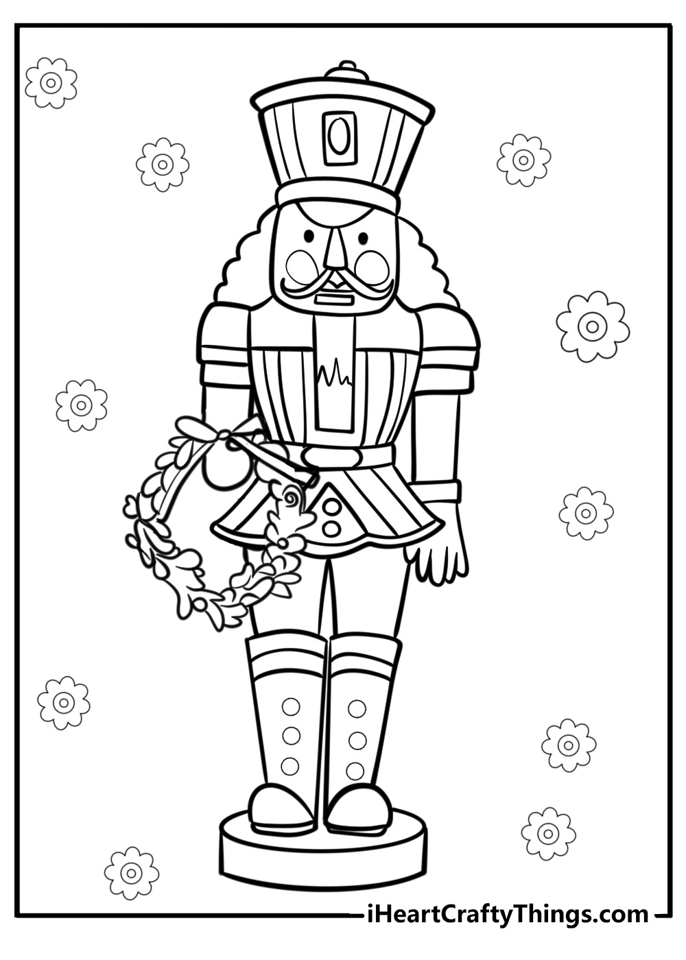 Nutcracker soldier with holiday wreath fun coloring sheet