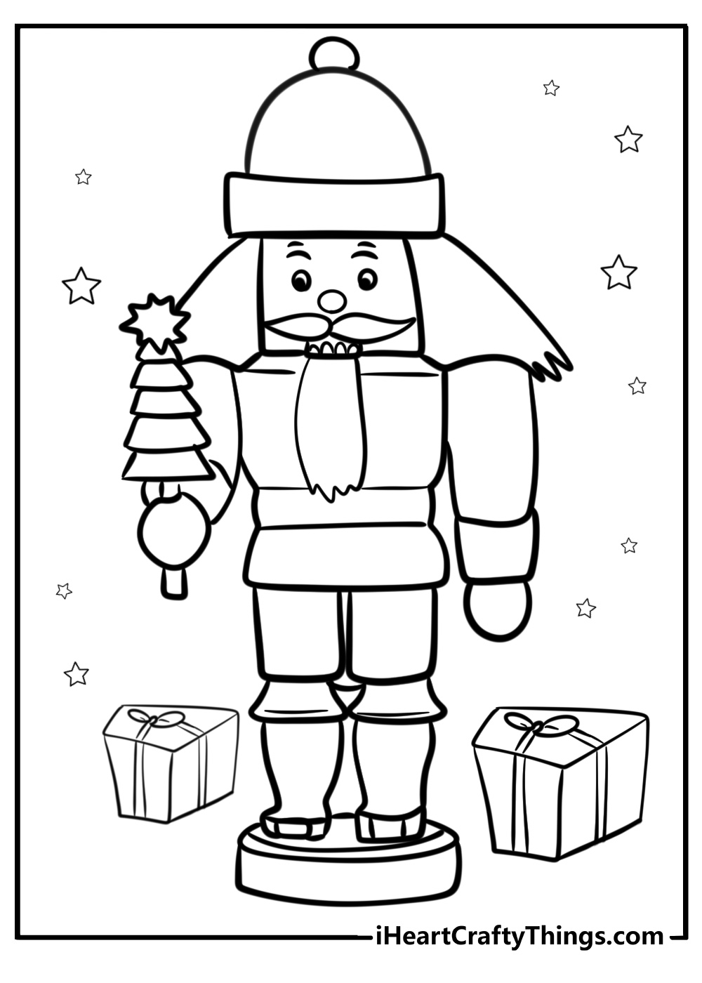 Nutcracker standing by christmas presents fun coloring sheet