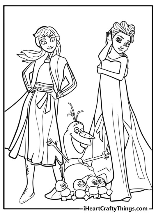 Olaf with Elsa and Anna in Arendelle Free Frozen Coloring Page