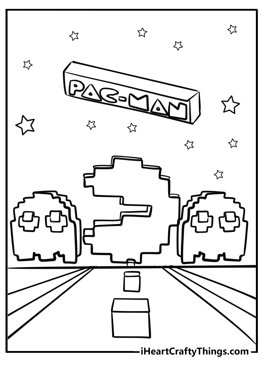 Pac man and ghosts in maze free pdf coloring page