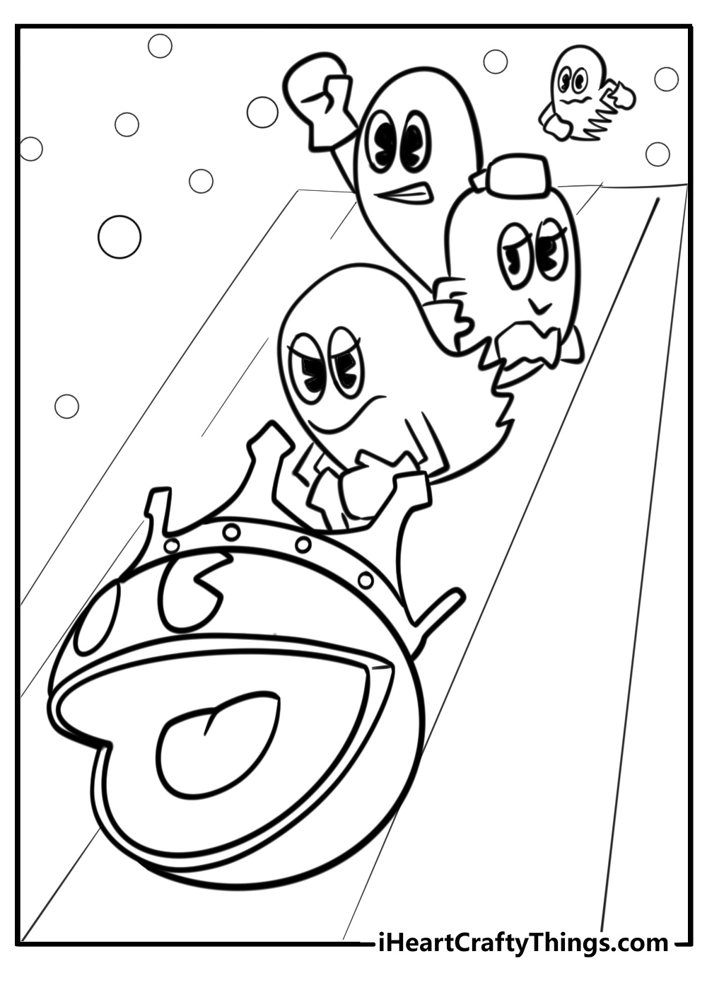 Pac man and his ghost enemies free coloring page pdf