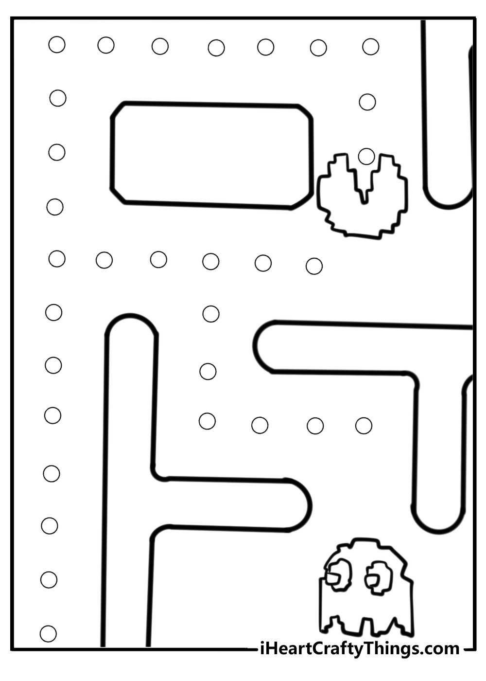 Pac man avoiding ghosts in maze coloring sheet