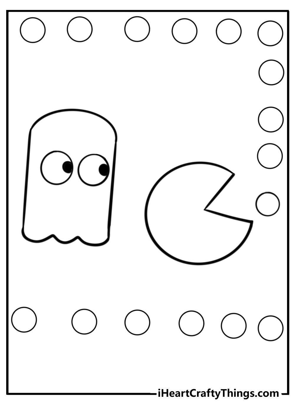 Pac man being chased by ghosts detailed coloring sheet