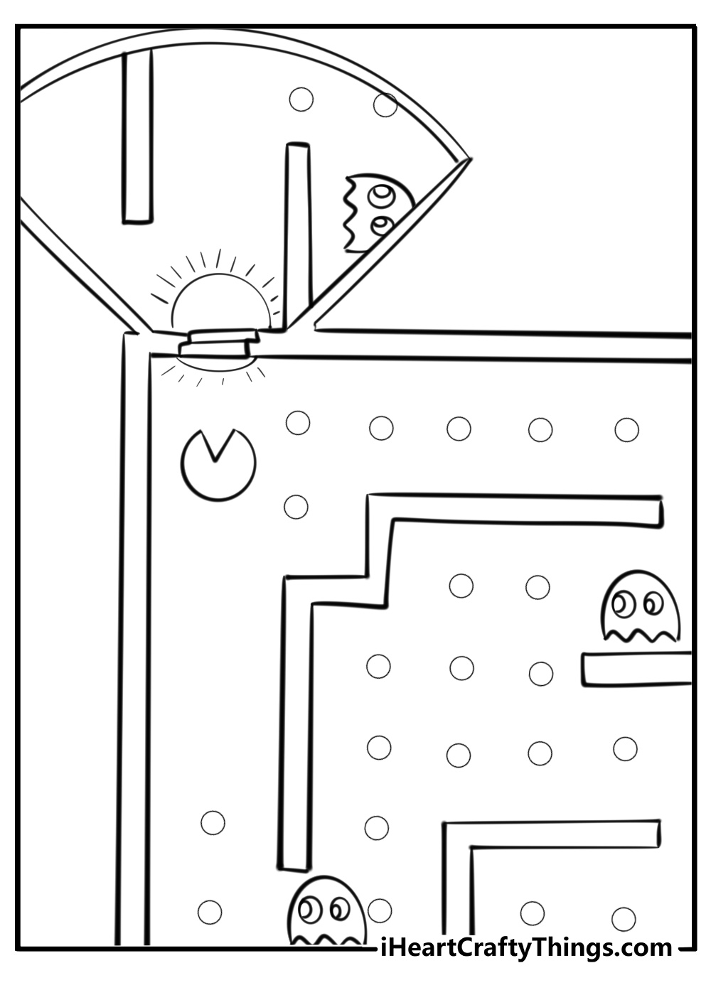 Pac man near exit portal printable coloring sheet