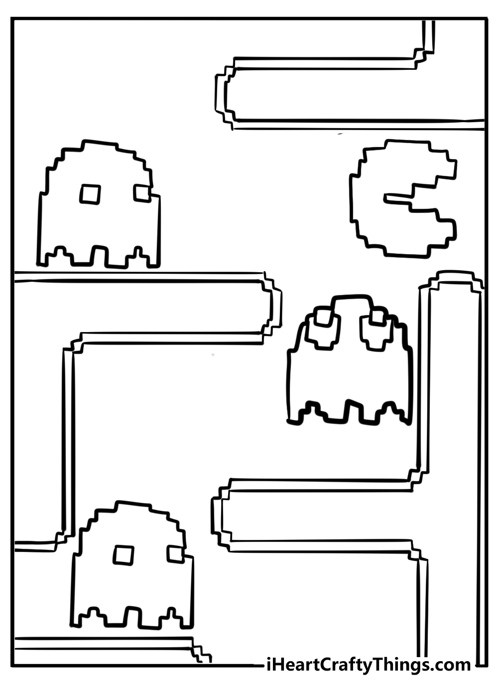 Pac man running through a maze coloring page