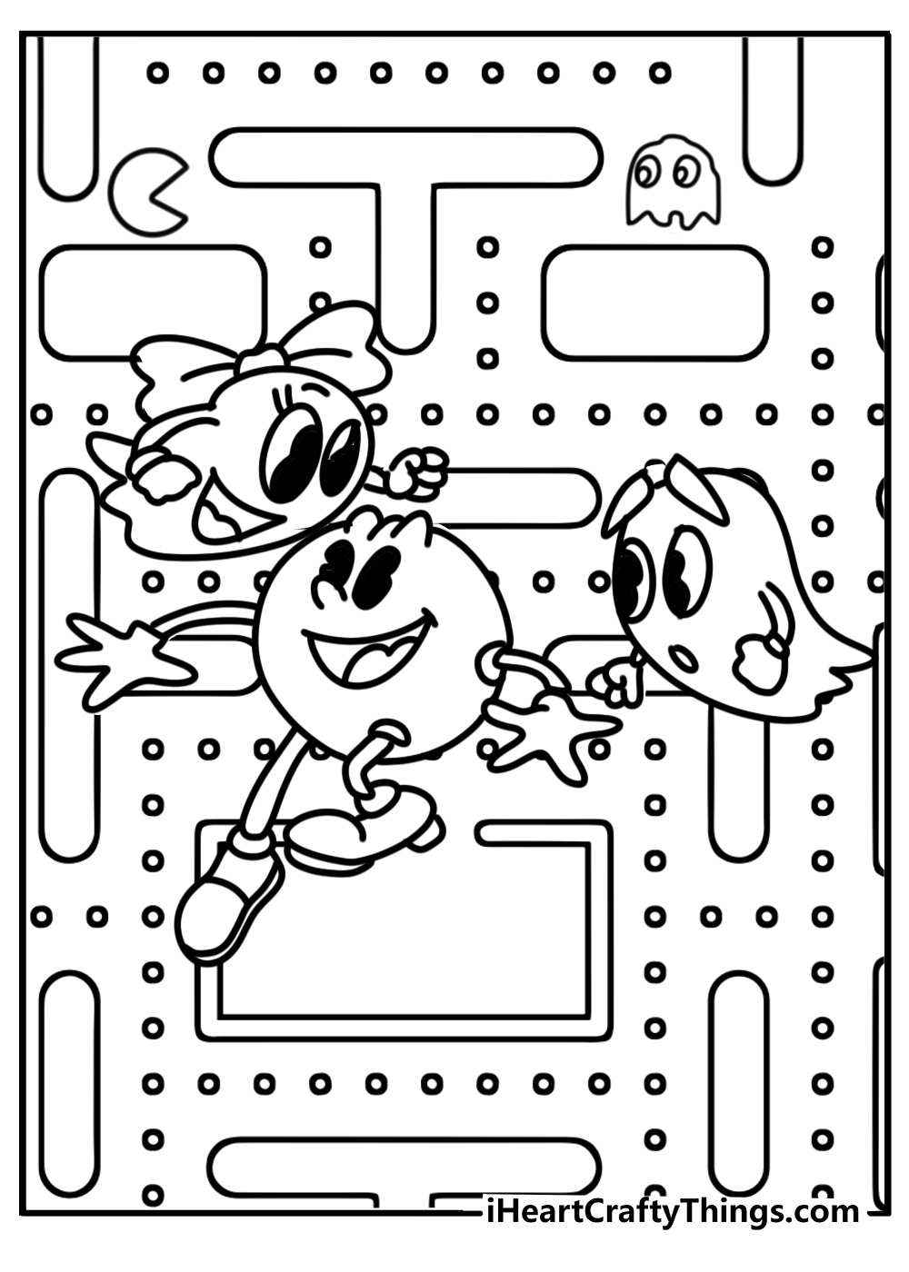 Pac man surrounded by ghosts detailed coloring sheet