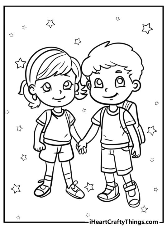 Picture to print and color showing two best friends looking at the stars at the night sky