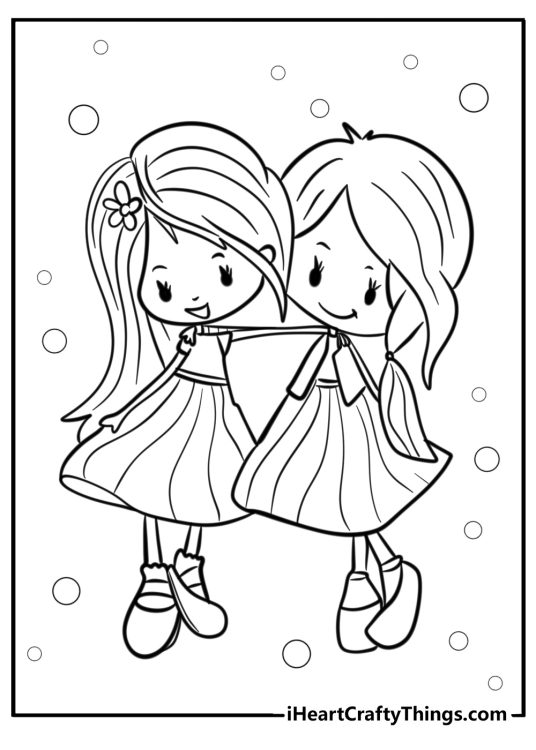 Coloring book page featuring two elegant and stylish girls best friends with bubbles in the background