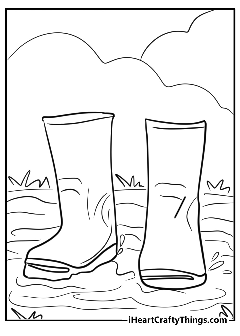 Rain boots with puddles detailed coloring sheet for kids