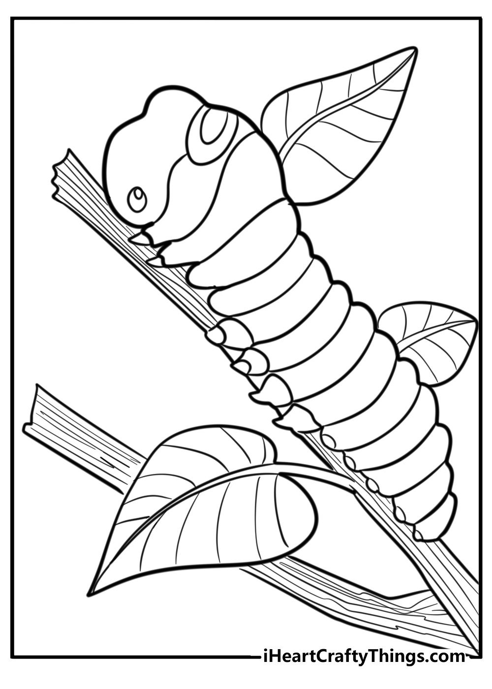 Realistic caterpillar crawling on a leaf coloring page