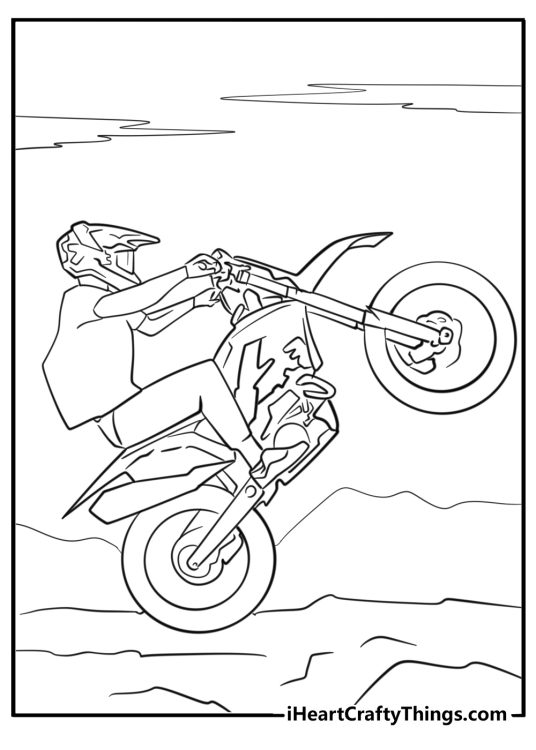 Rider doing a wheelie on dirt bike coloring page