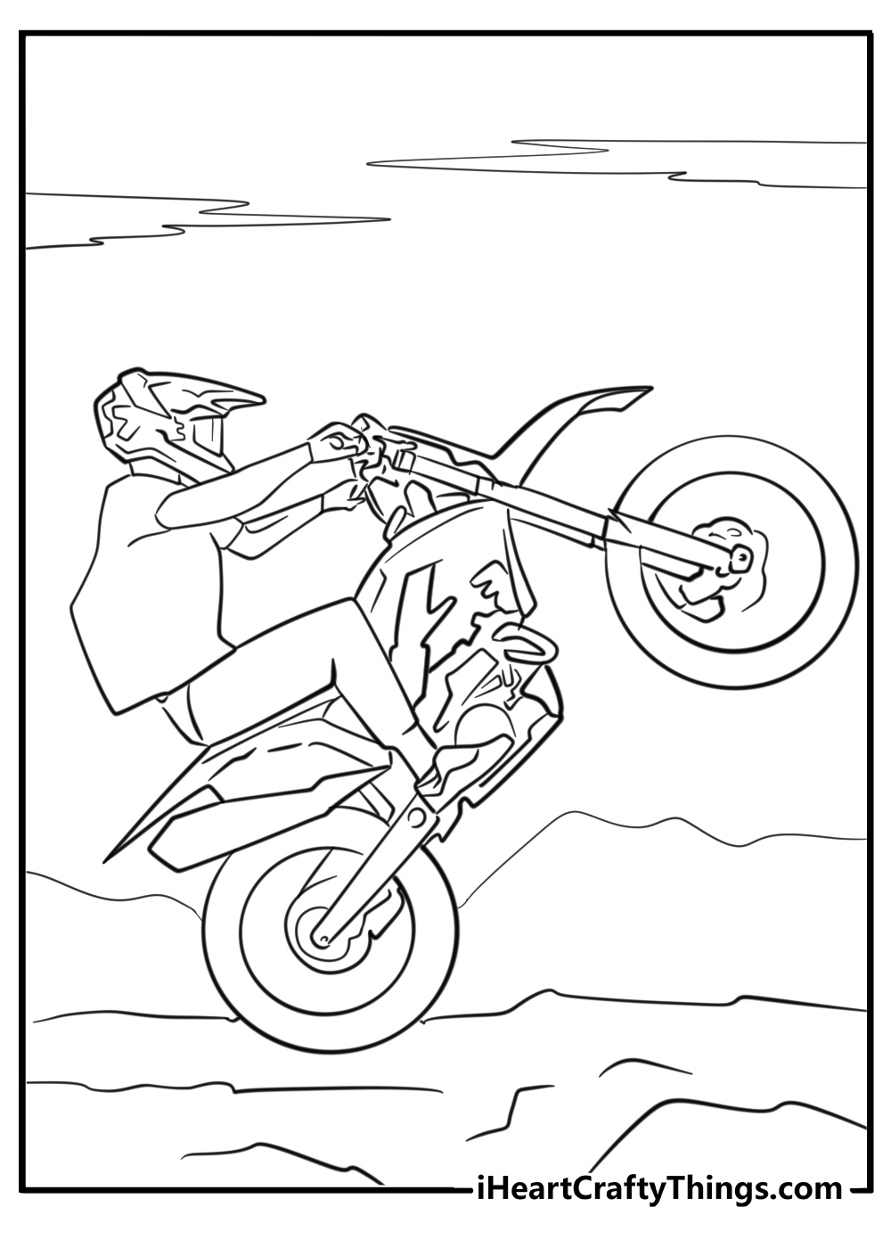 Rider doing a wheelie on dirt bike coloring page