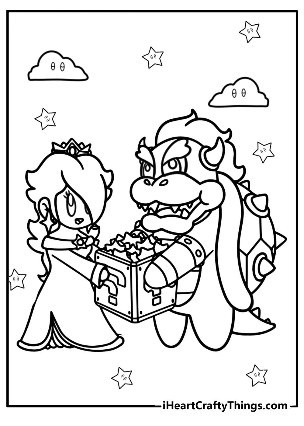 Rosalina and bowser with a question mark block coloring page