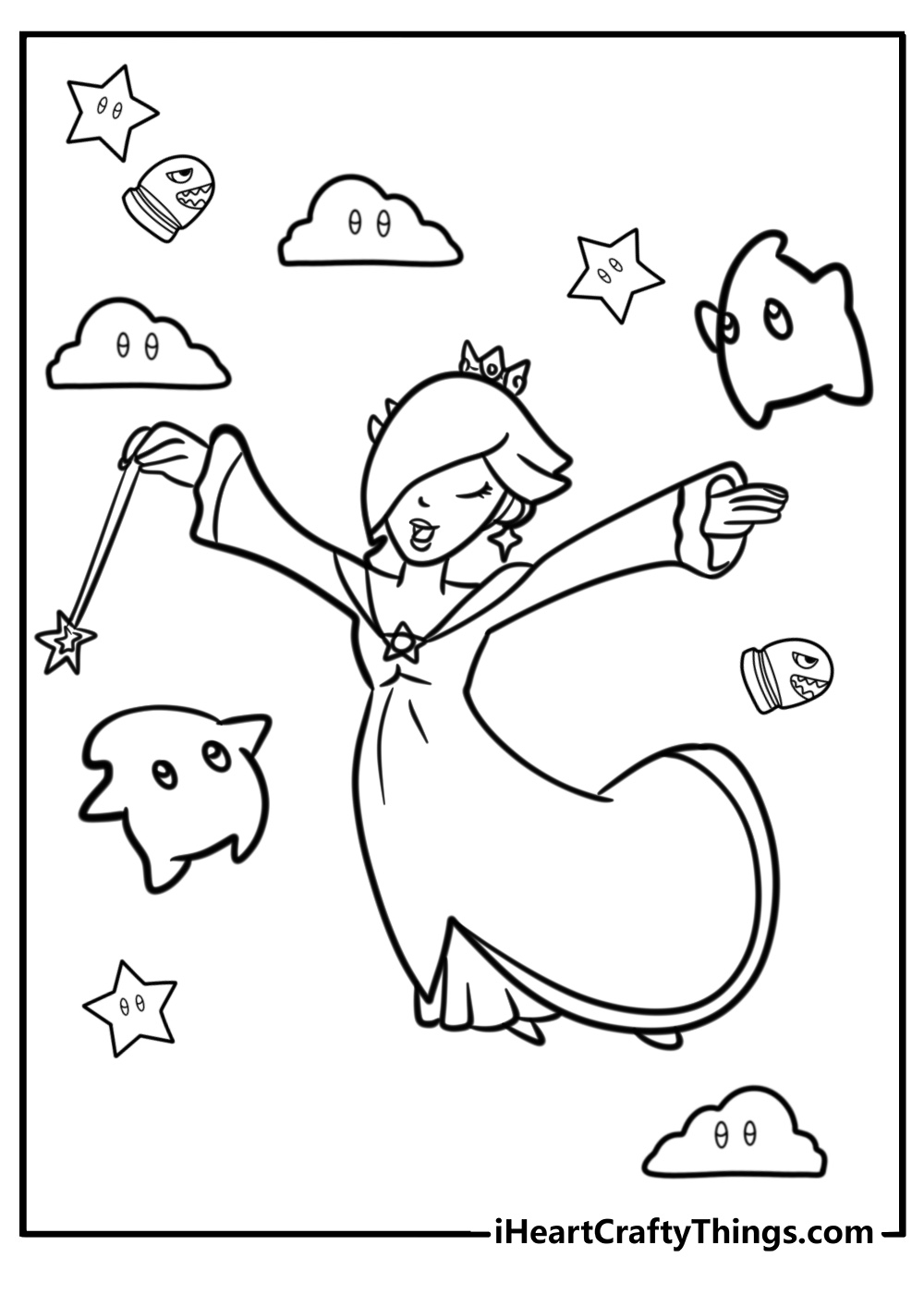 Rosalina flying through space with luma coloring page