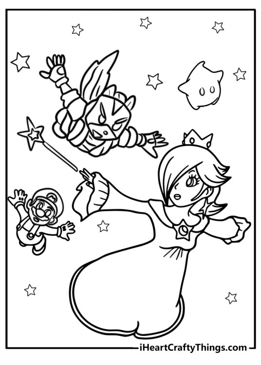 Rosalina flying with mario luma and star fox coloring page