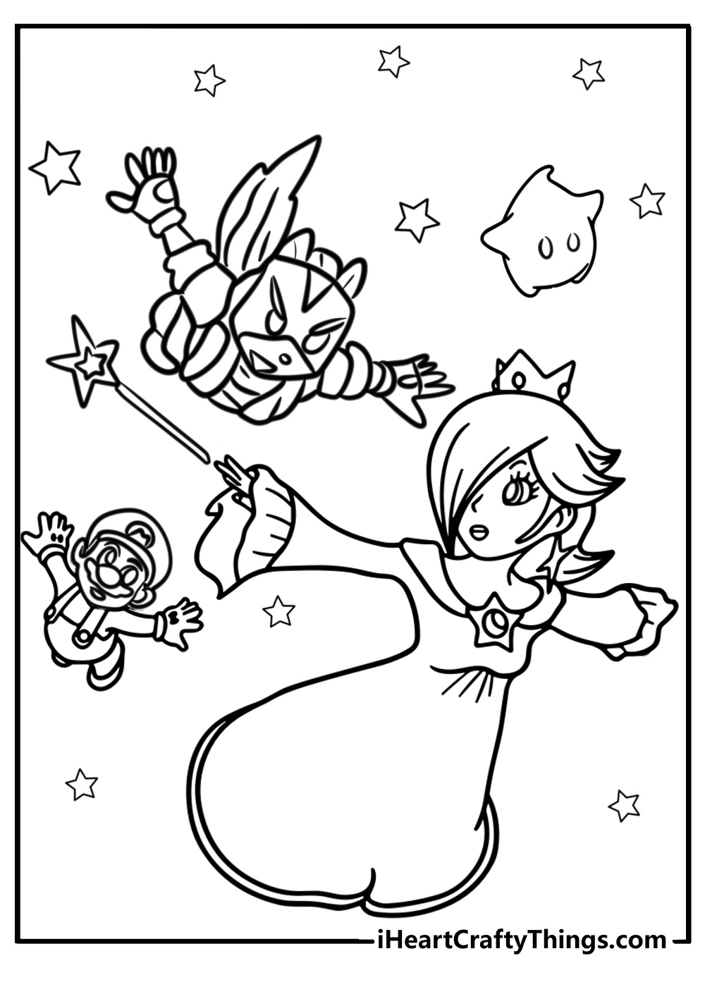 Rosalina flying with mario luma and star fox coloring page