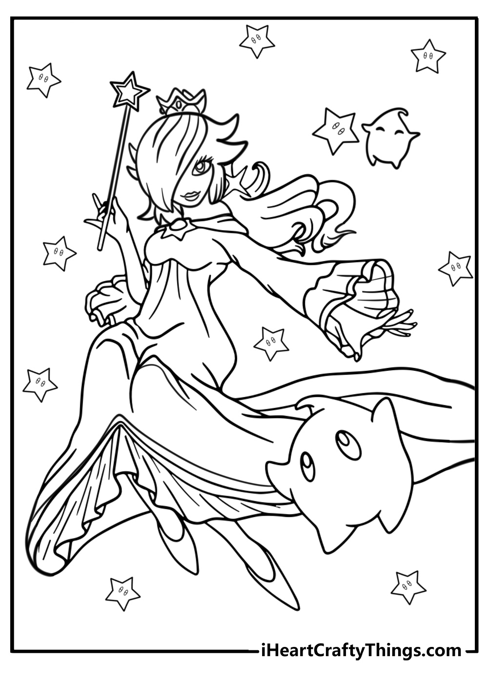 Rosalina in a gown holding her wand with luma printable to color