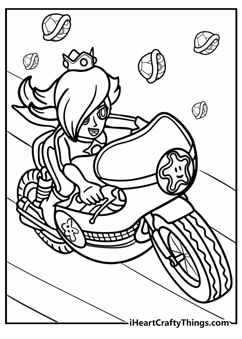 Rosalina riding a bike in mario kart with luma coloring sheet