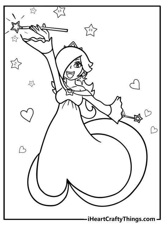 Rosalina smiling while holding a star wand coloring page