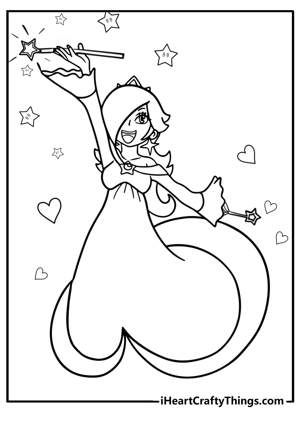 Rosalina smiling while holding a star wand coloring page