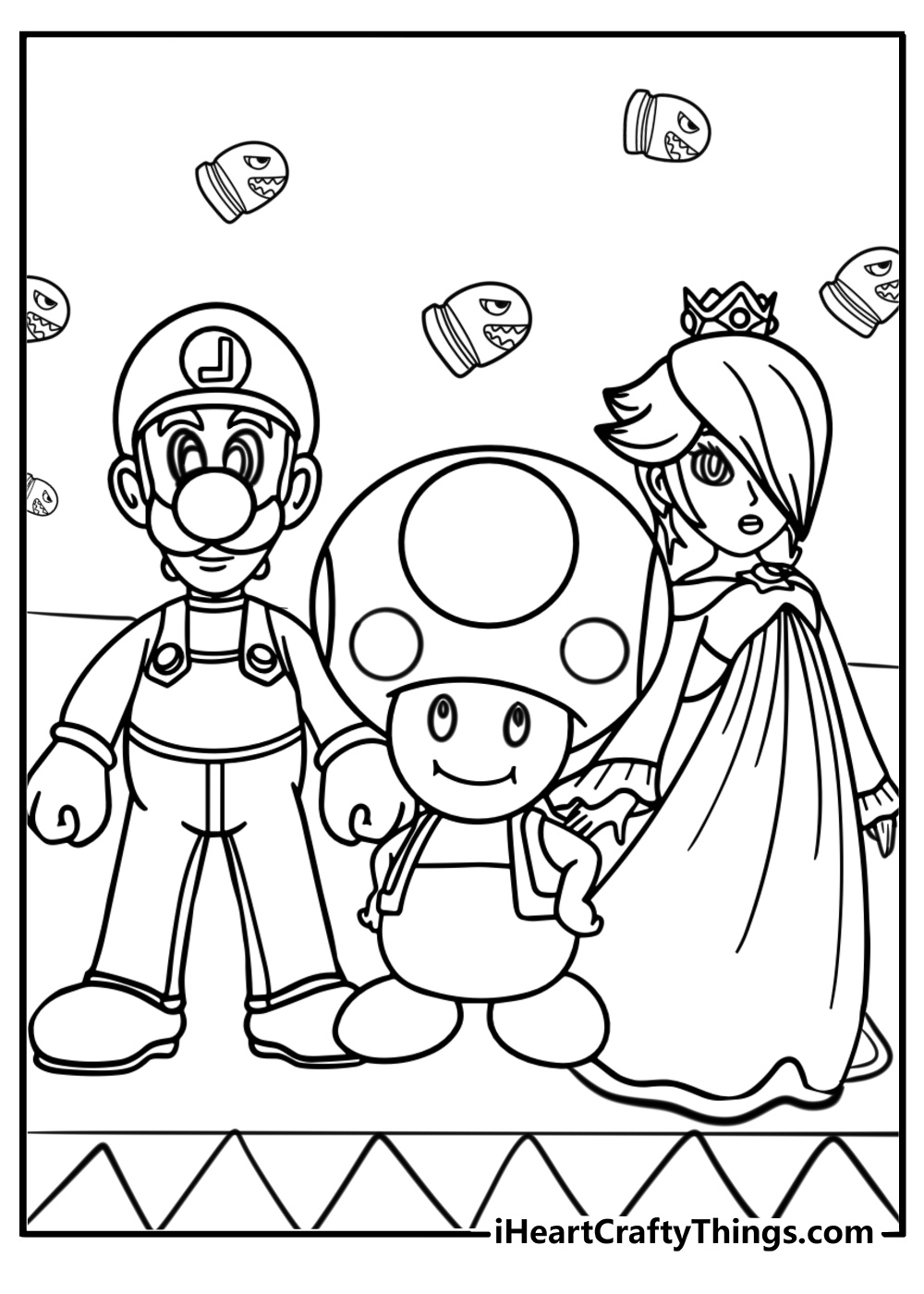 Rosalina with toad and luigi on an adventure coloring page