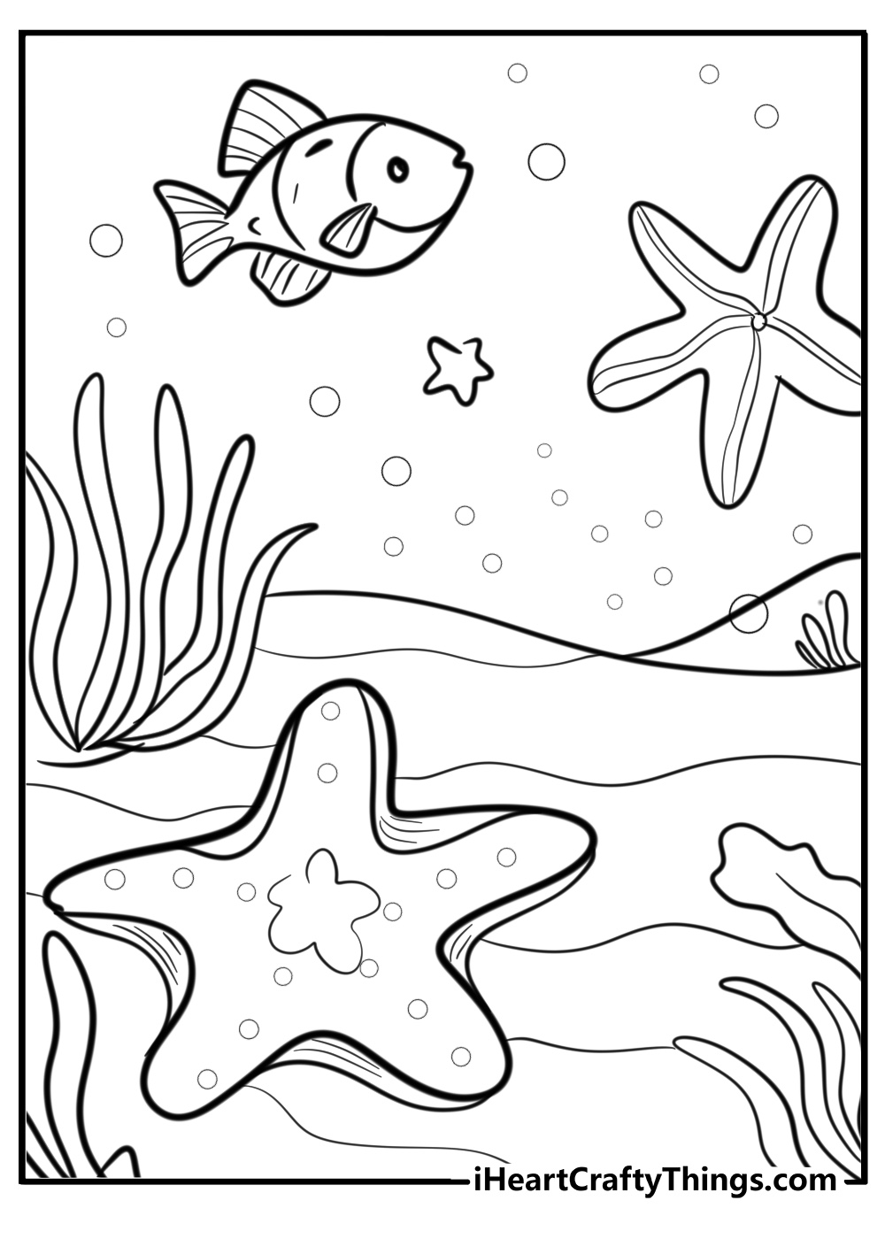 Sea star and fish underwater scene printable coloring sheet