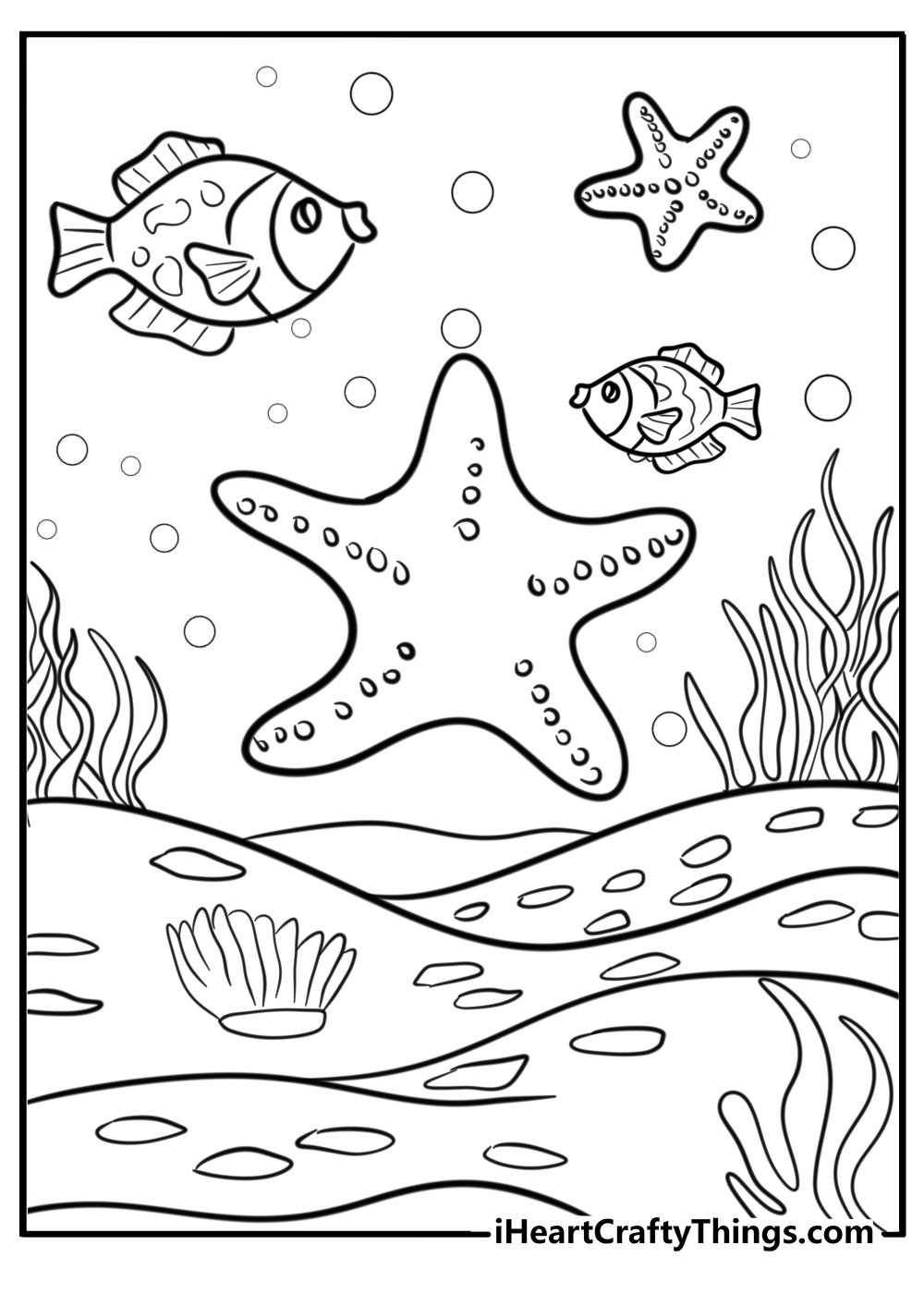 Sea star swimming near fish printable coloring page