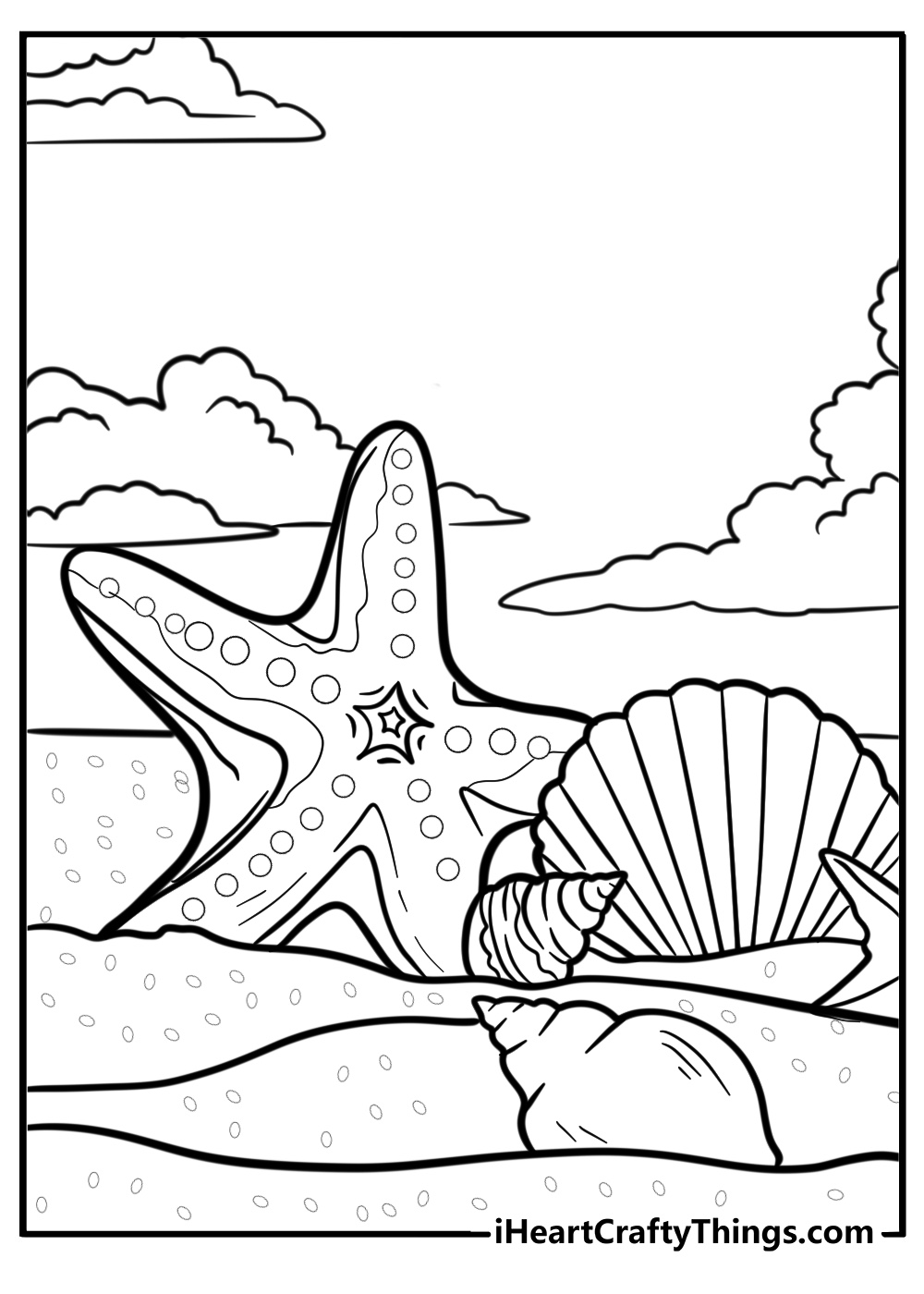 Sea star with seashells detailed coloring sheet