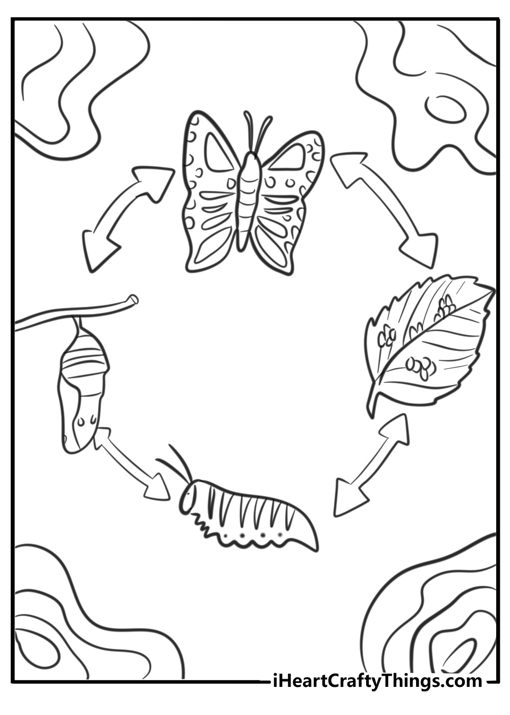 Simple caterpillar lifecycle from cocoon to butterfly coloring page