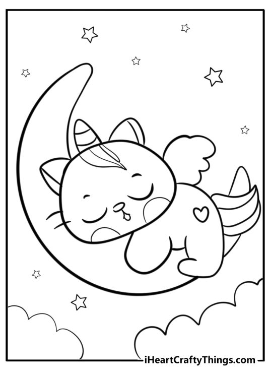 Coloring page for pre-schoolers depicting unicorn cat sleeping on the crescent moon