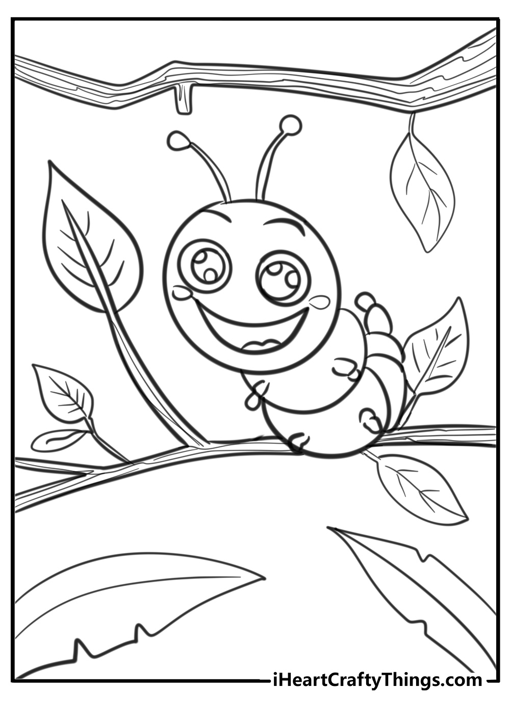 Smiling caterpillar on a tree branch printable to color