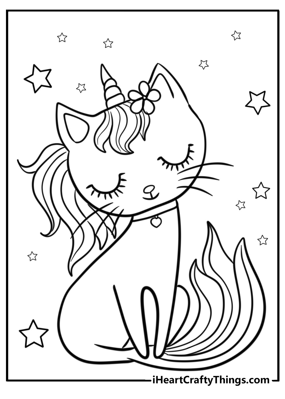 Smiling unicorn cat with stars coloring page for kids