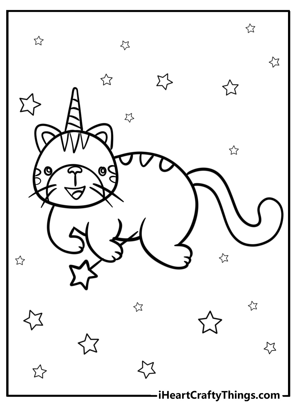 Smiling unicorn cat with stars free coloring page pdf