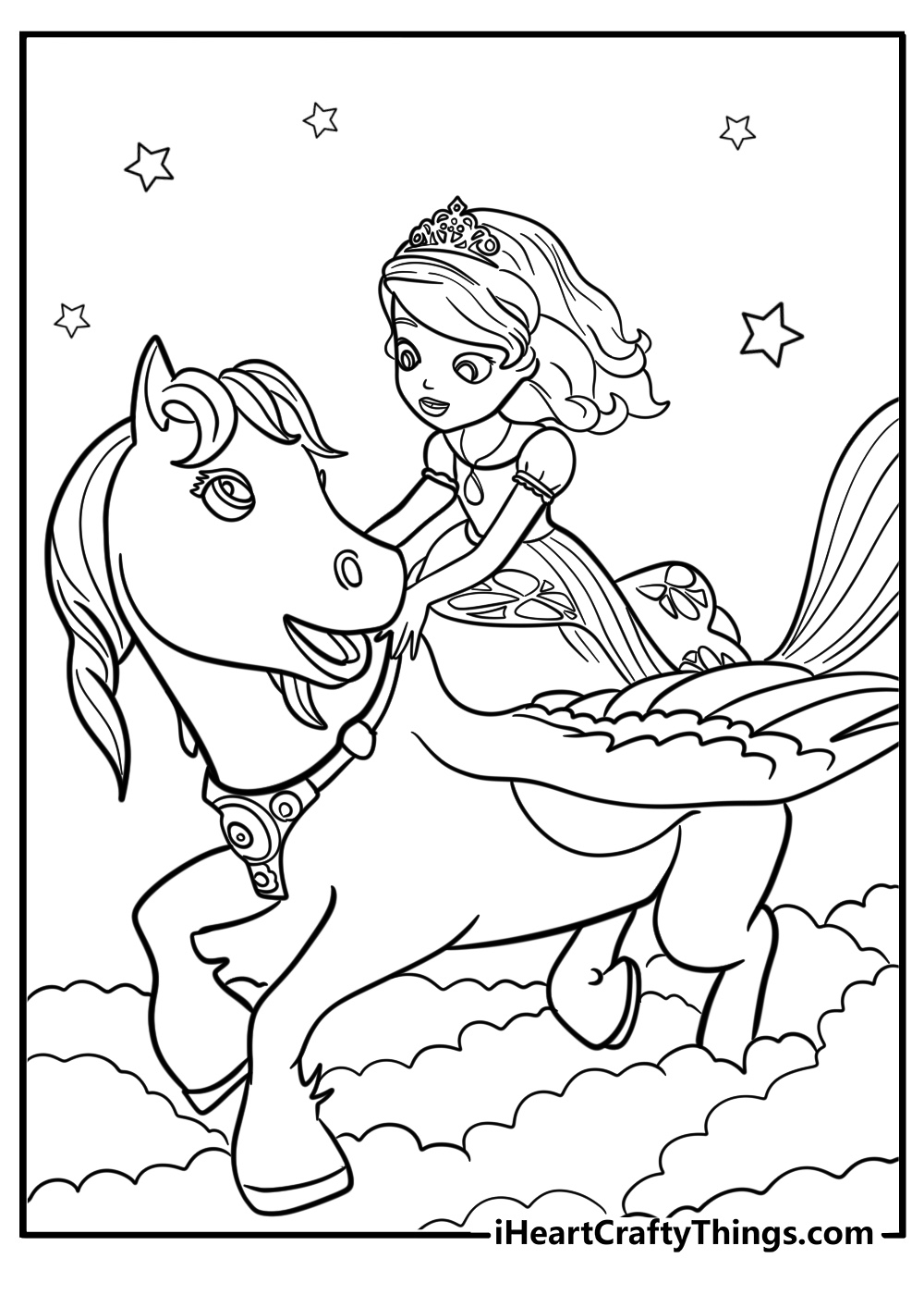 Sofia the first flying on a pegasus free printable coloring page