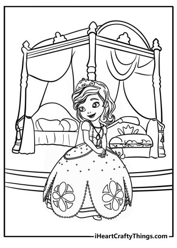 Sofia the first in her royal bedroom printable coloring page