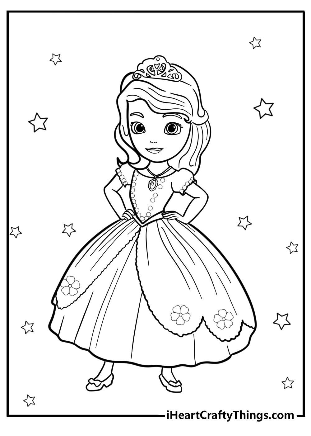 Sofia the first in her royal gown printable coloring page for kids